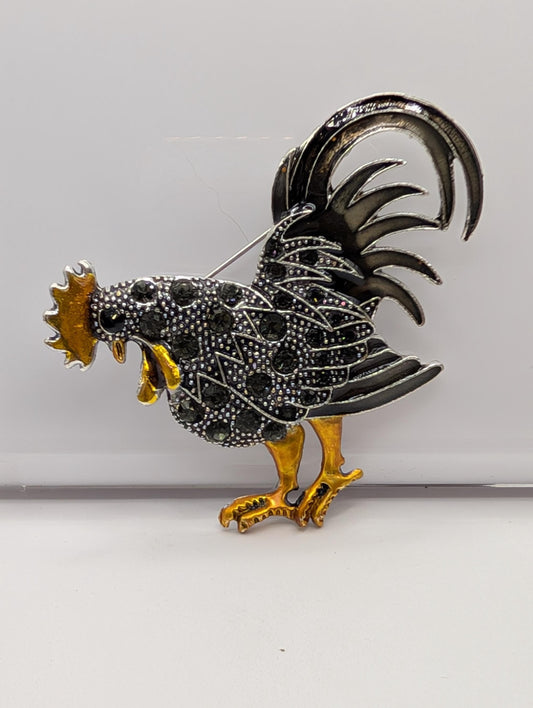 Silver Plated Orange and Black Rooster  Brooch