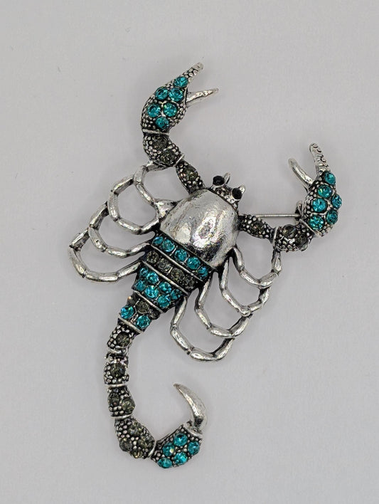 Silver Plated Teal Scorpion : Intricate Animal Pin (50x31mm) Brooch