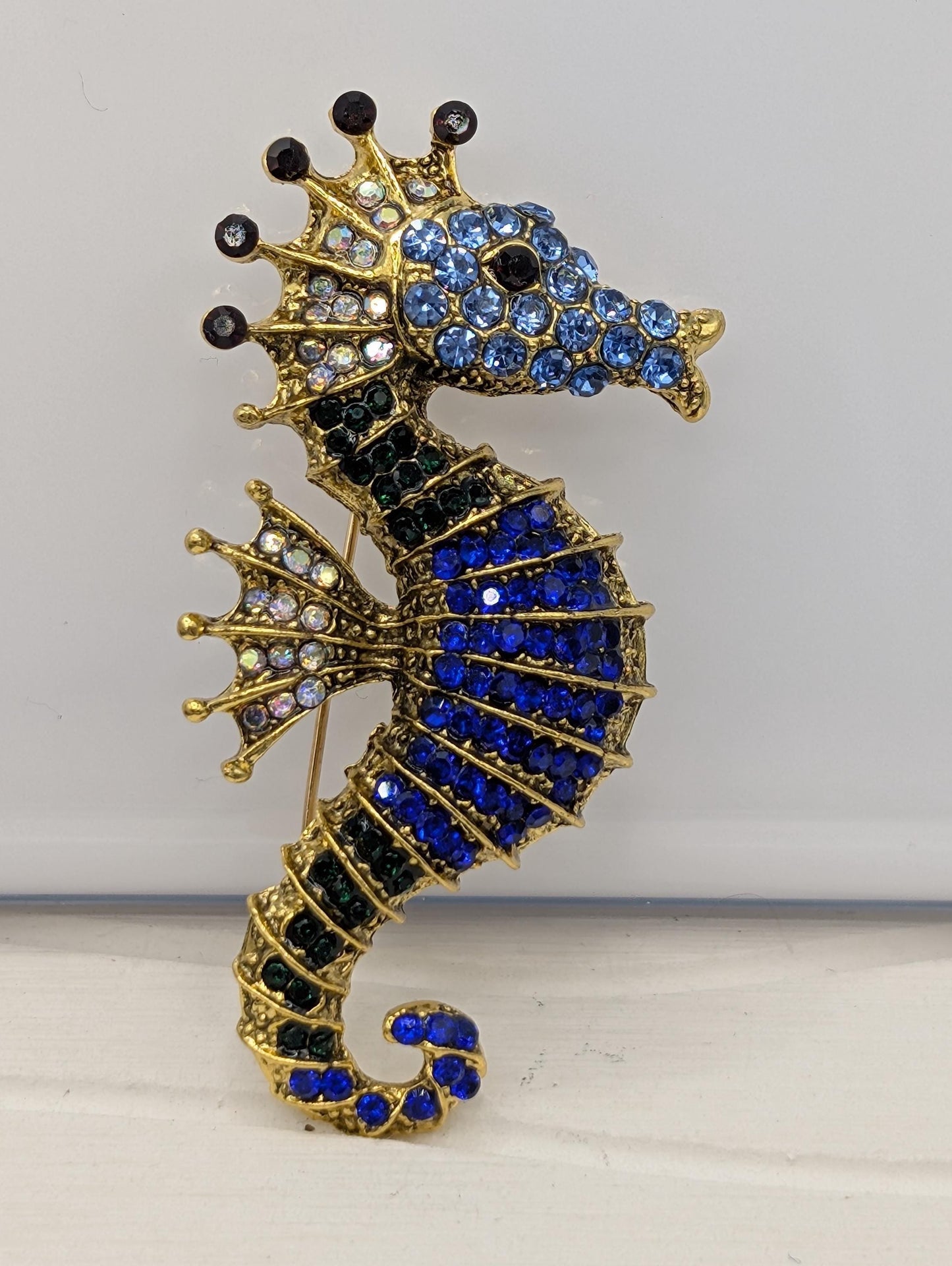 Golden Blue Seahorse Brooch