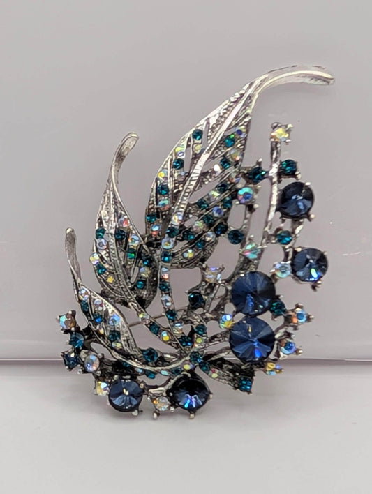 Silver Plated Sapphire Feather  Brooch