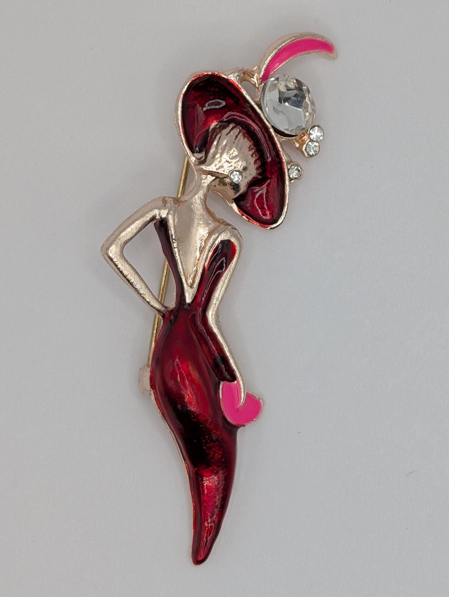 Rose Golden Plate Mysterious Lady In Red  Brooch
