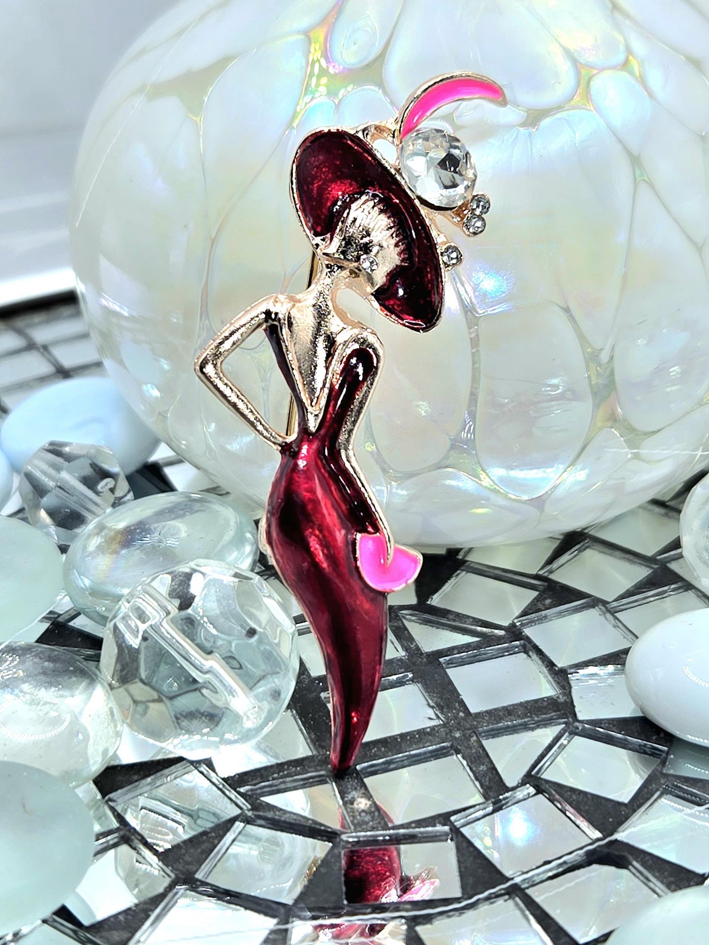 Rose Golden Plate Mysterious Lady In Red  Brooch