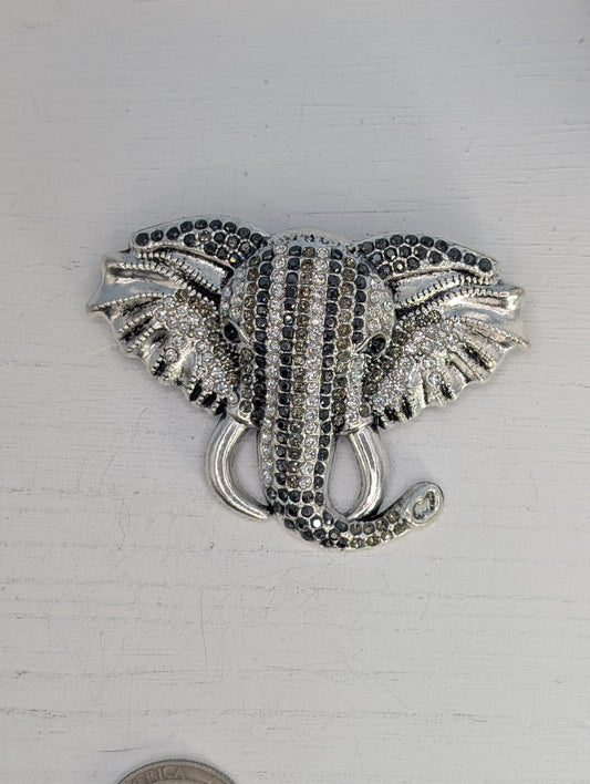 Silver Plated CZ and Black Rhinestone Elephant  Brooch