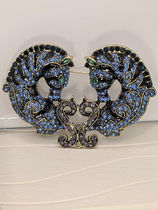 Blue Seahorse Pair Rhinestone  Brooch