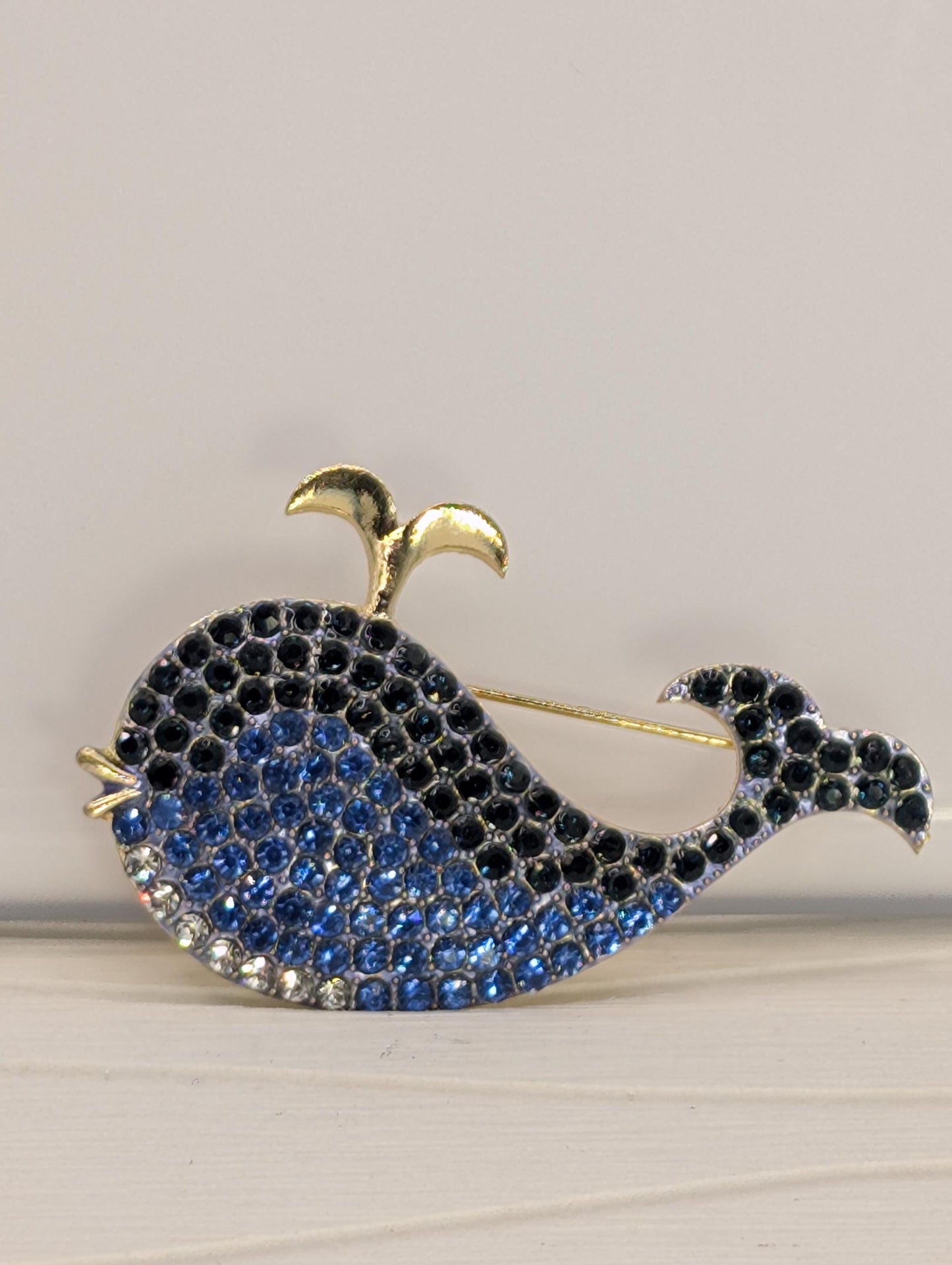 Blue Rhinestone Whale  Brooch