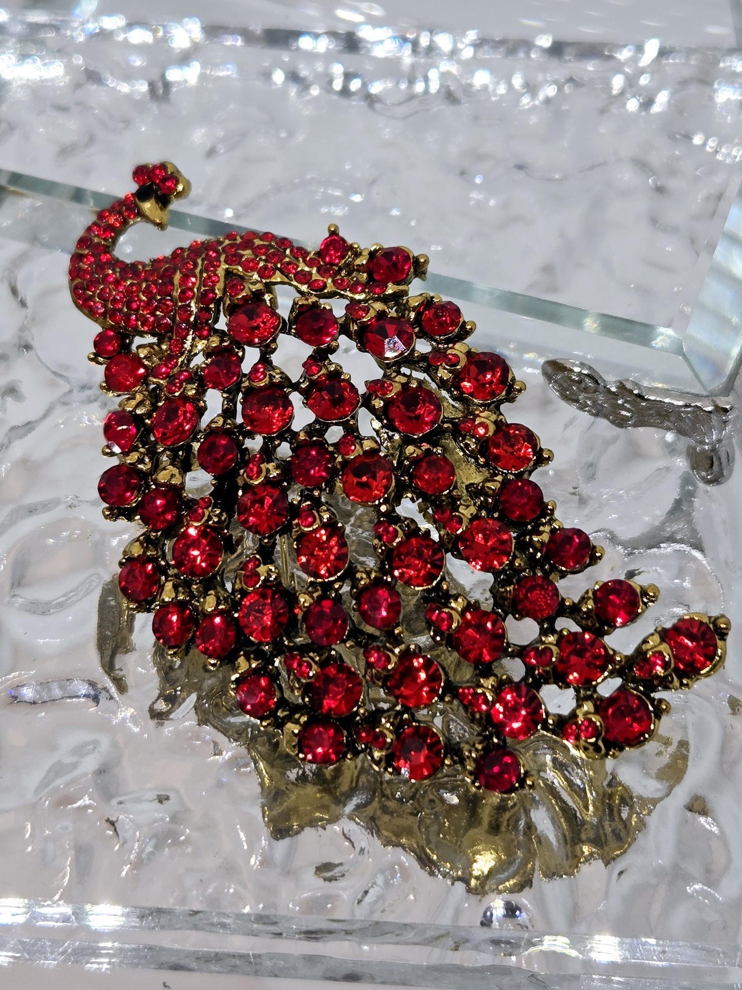 Golden Plate Red Rhinestone Peacock  Brooch