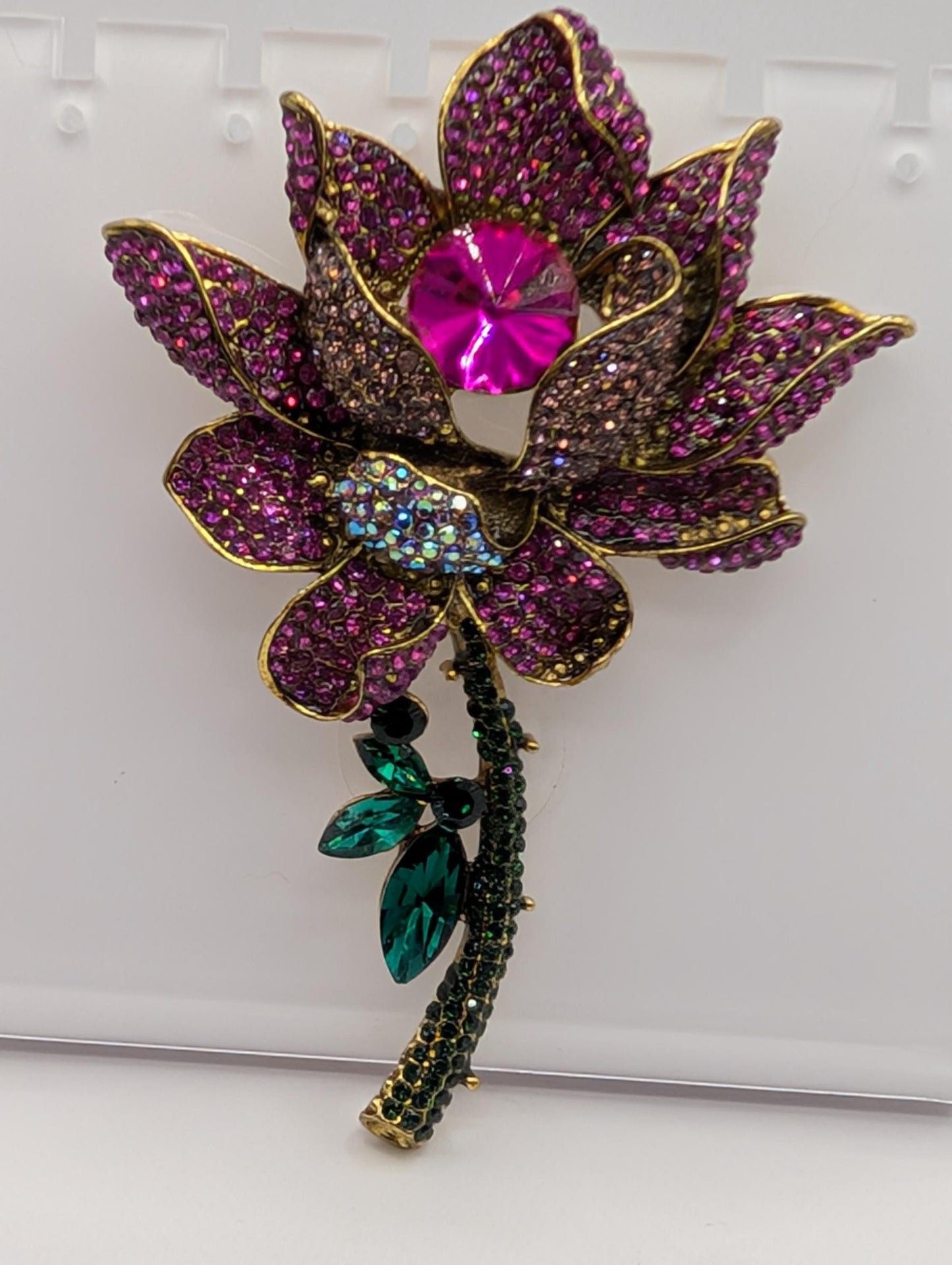Gold Plated Lotus Flower : Crystal Accent Floral Statement Pin Brooch