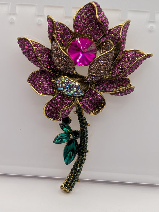 Gold Plated Lotus Flower : Crystal Accent Floral Statement Pin Brooch
