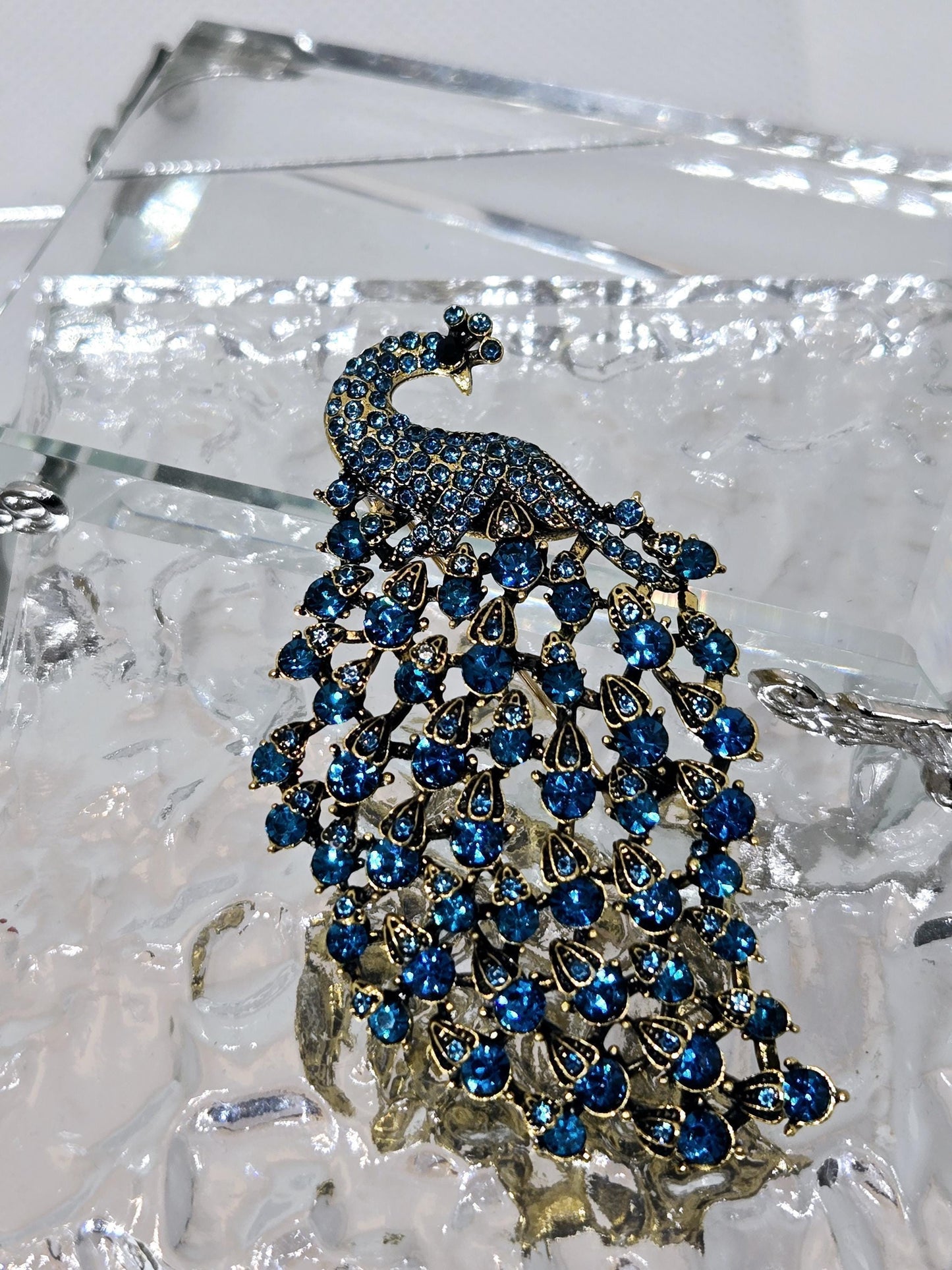 Golden Plate Teal Rhinestone Peacock  Brooch