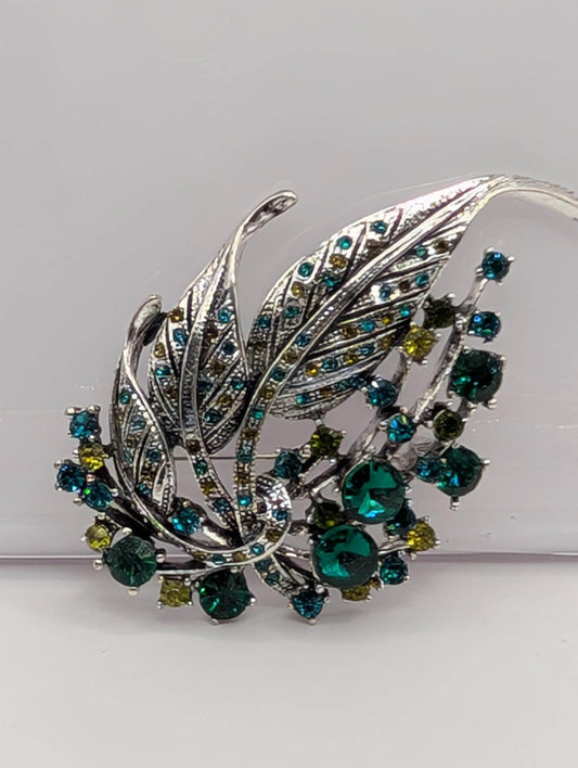 Silver Plated Green Feather  Brooch