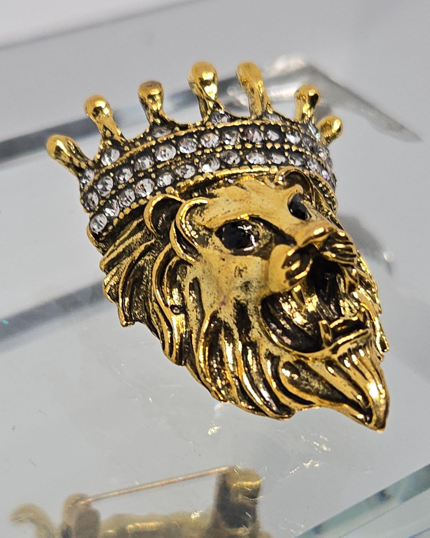 Golden Plate Lion with a Crown  CZ Brooch
