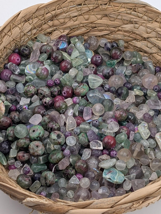 Natural Gemstone Bead Soup Mix: Fluorite, Ruby Zoisite, Quartz Semi-Precious 2oz