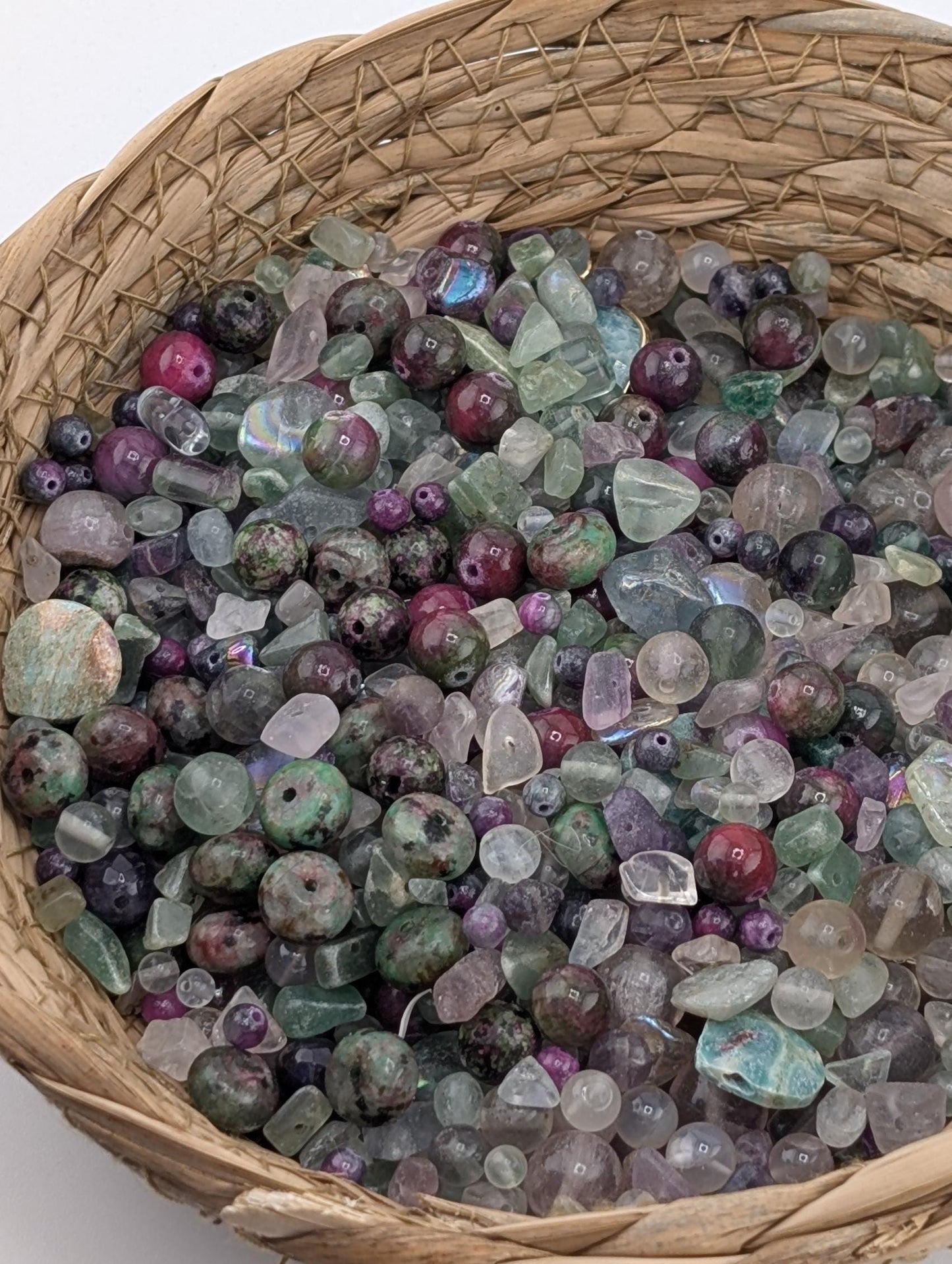 Natural Gemstone Bead Soup Mix: Fluorite, Ruby Zoisite, Quartz Semi-Precious 2oz
