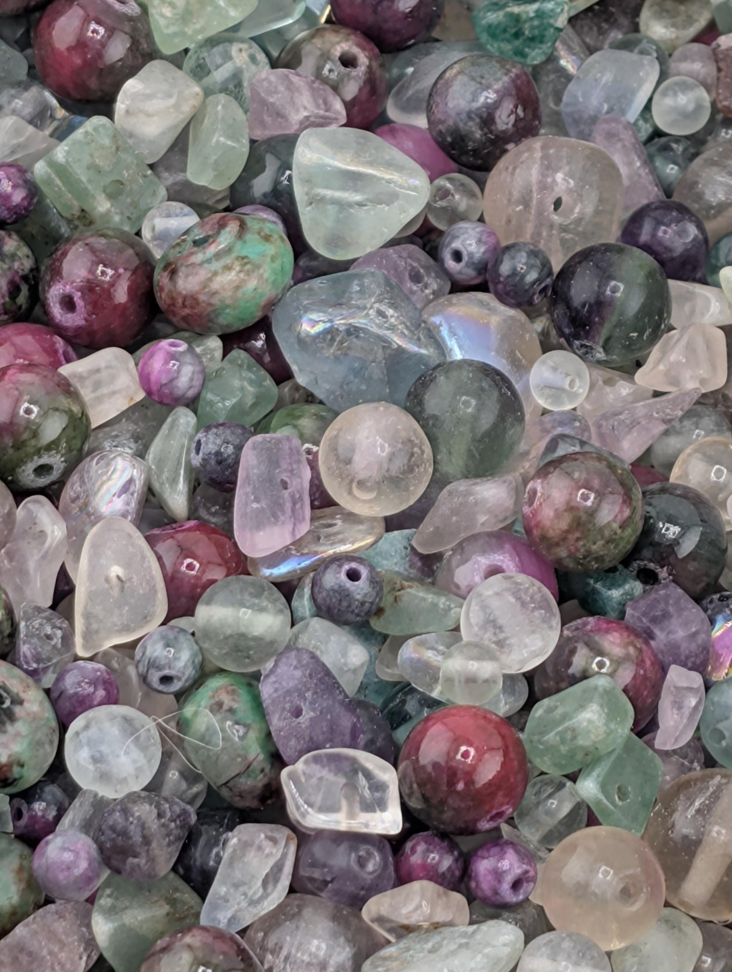 Natural Gemstone Bead Soup Mix: Fluorite, Ruby Zoisite, Quartz Semi-Precious 2oz