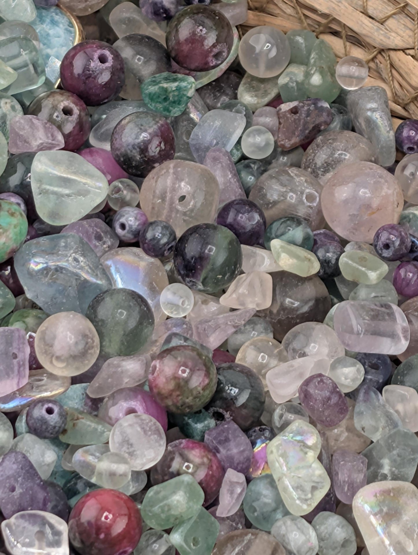 Natural Gemstone Bead Soup Mix: Fluorite, Ruby Zoisite, Quartz Semi-Precious 2oz