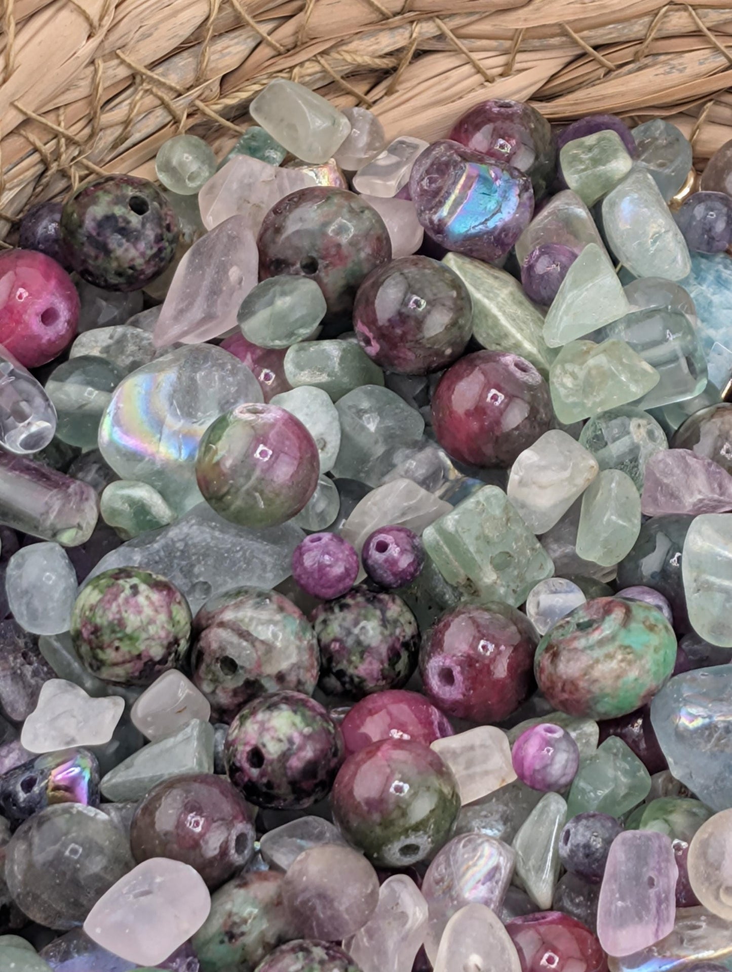Natural Gemstone Bead Soup Mix: Fluorite, Ruby Zoisite, Quartz Semi-Precious 2oz