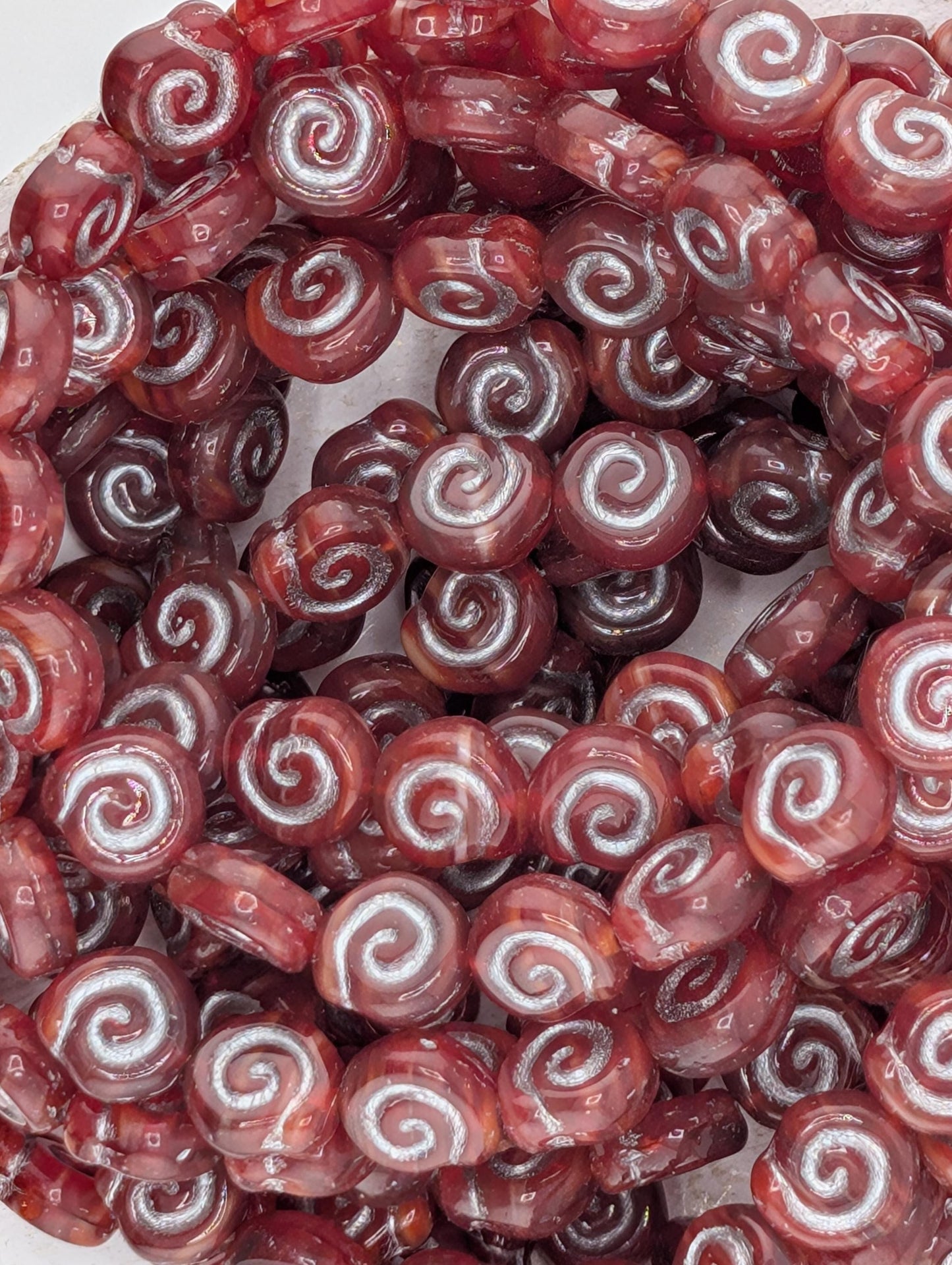 8mm Czech  Coin Shaped Snail Shell Beads (20 pcs): Orange Stripe