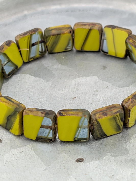 10mm Czech Glass Table Cut Square Swirl Beads | Boho Jewelry Making Supply | Tile-Shaped Craft Beads | Chartreuse Swirl | 15 pcs