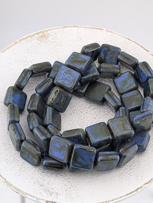 10mm Czech Glass Table Cut Square Milky Picasso Beads | Boho Jewelry Making Supply | Tile-Shaped Craft Beads | Khakhi Swirl | 15 pcs
