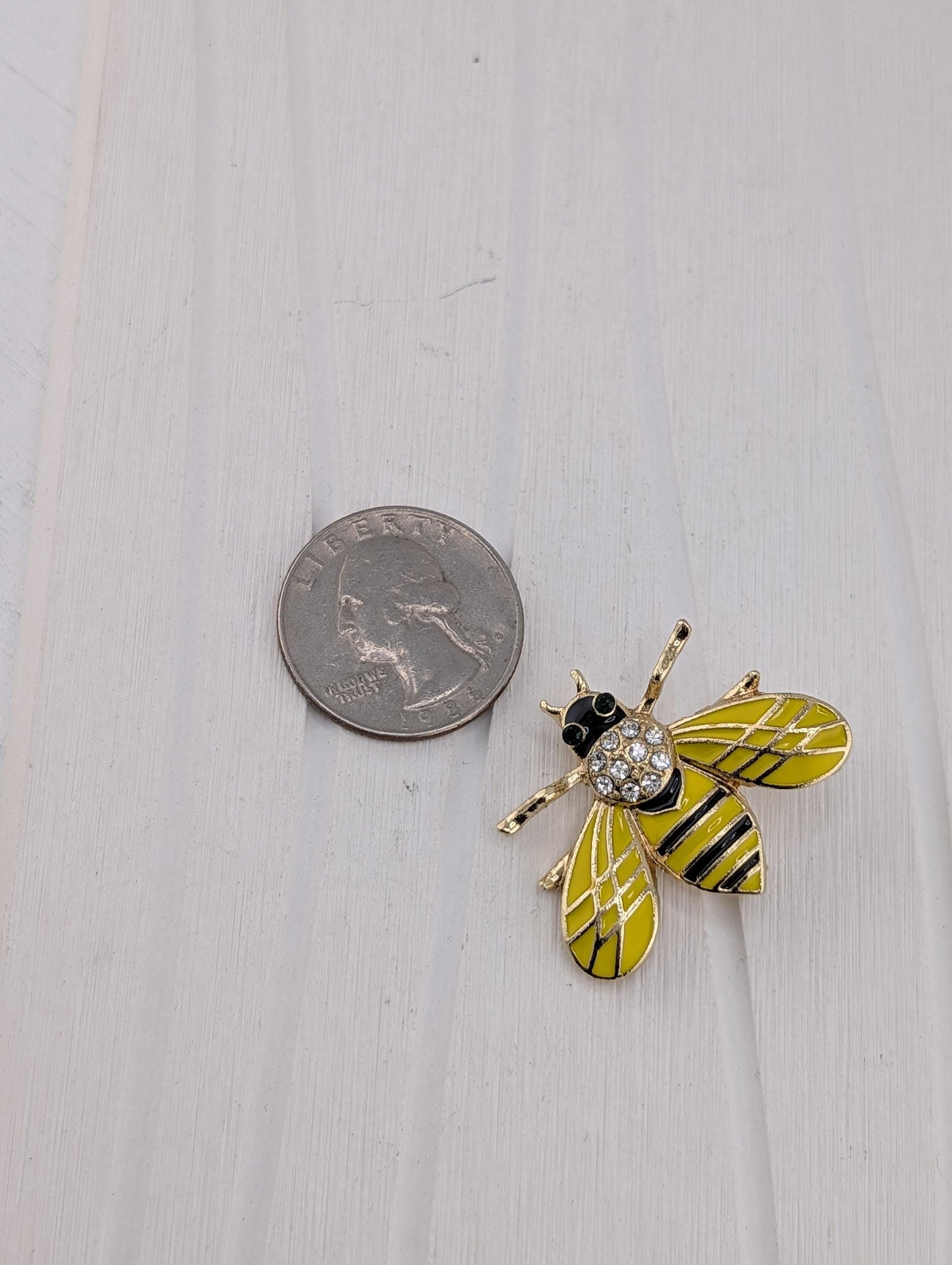A coin next to a small, colorful bee pin on a white surface.