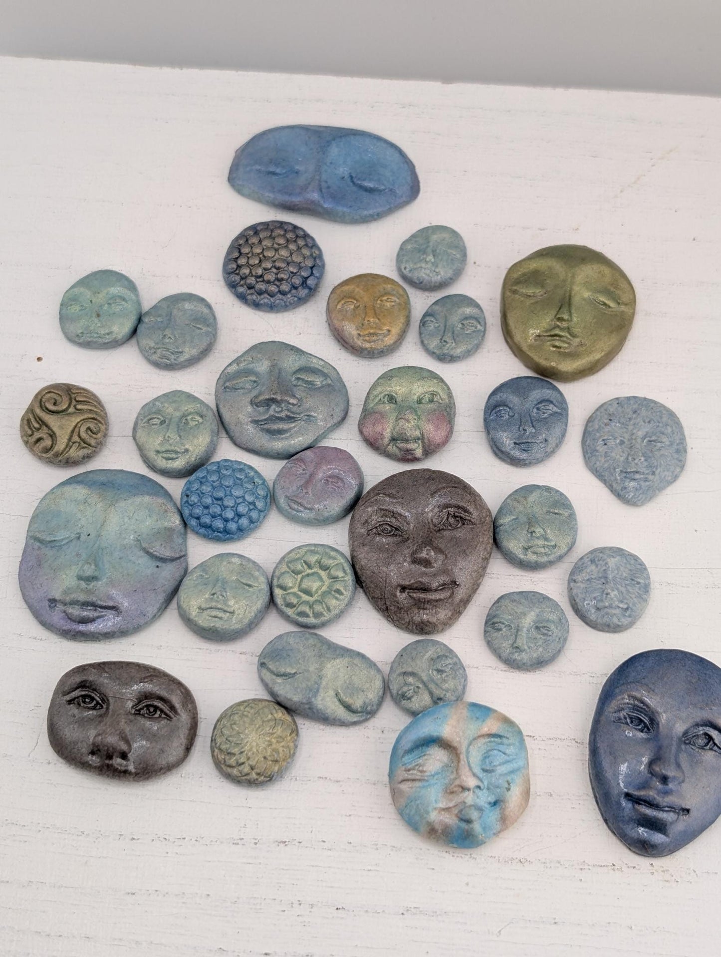 Handmade Polymer Clay Faces: Colorful Blue, Green and Purple Art Doll Supplies 39  pcs