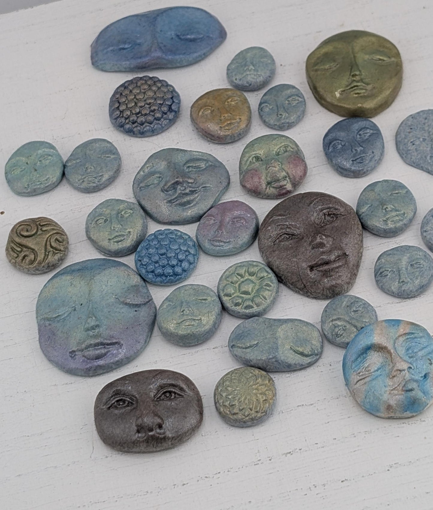 Handmade Polymer Clay Faces: Colorful Blue, Green and Purple Art Doll Supplies 39  pcs