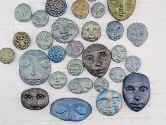 Handmade Polymer Clay Faces: Colorful Blue, Green and Purple Art Doll Supplies 39  pcs