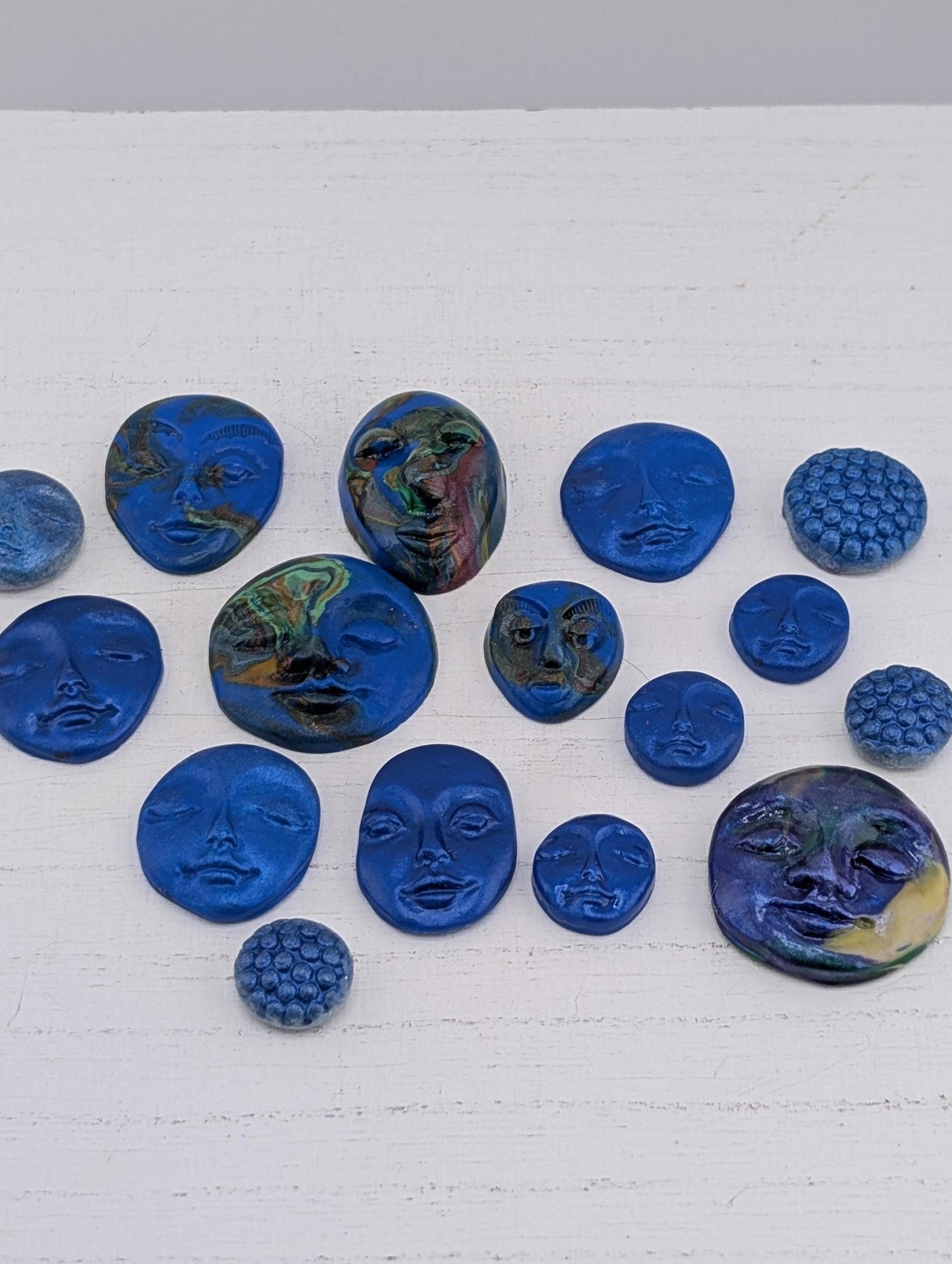 Handmade Polymer Clay Faces: Colorful Blue Art Doll Supplies 16 pcs