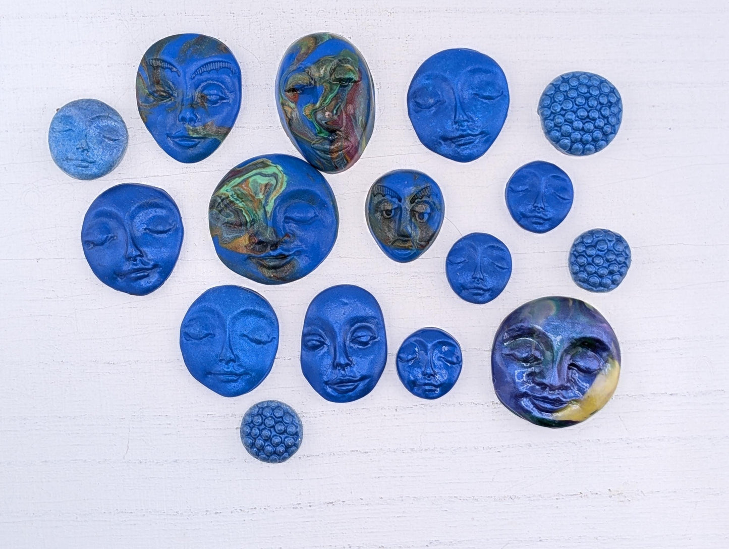 Handmade Polymer Clay Faces: Colorful Blue Art Doll Supplies 16 pcs