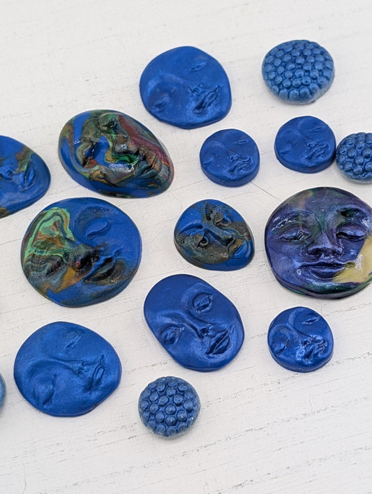 Handmade Polymer Clay Faces: Colorful Blue Art Doll Supplies 16 pcs