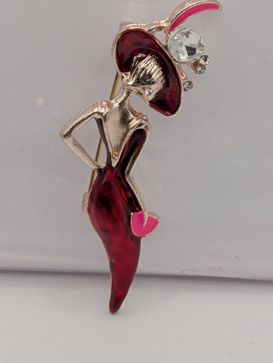 Rose Golden Plate Mysterious Lady In Red  Brooch