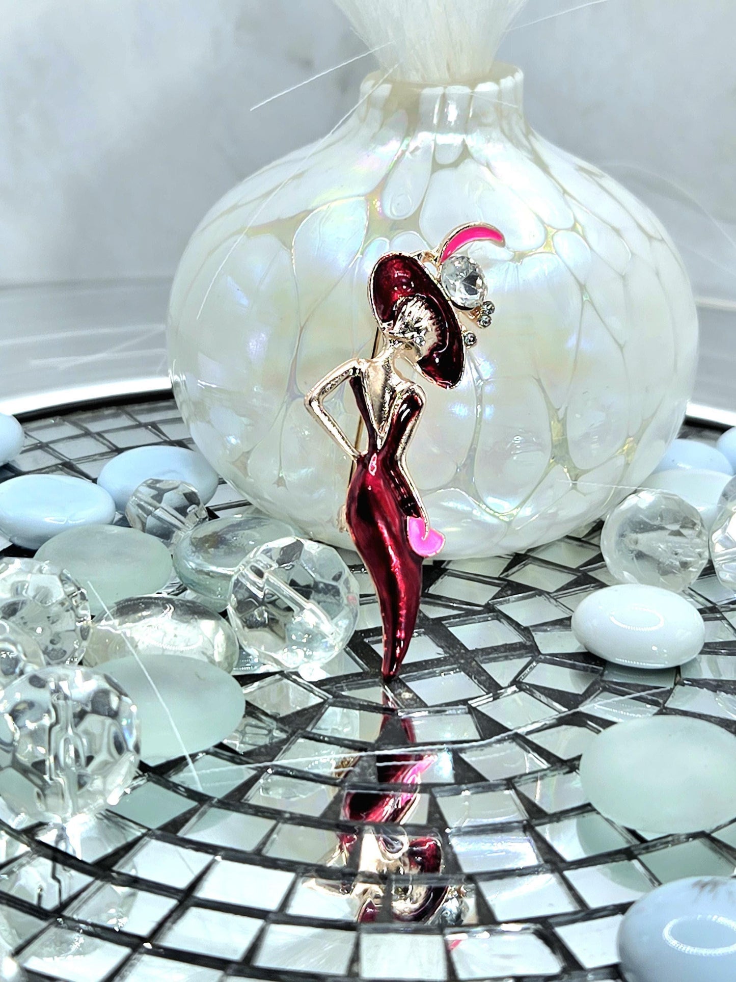 Rose Golden Plate Mysterious Lady In Red  Brooch
