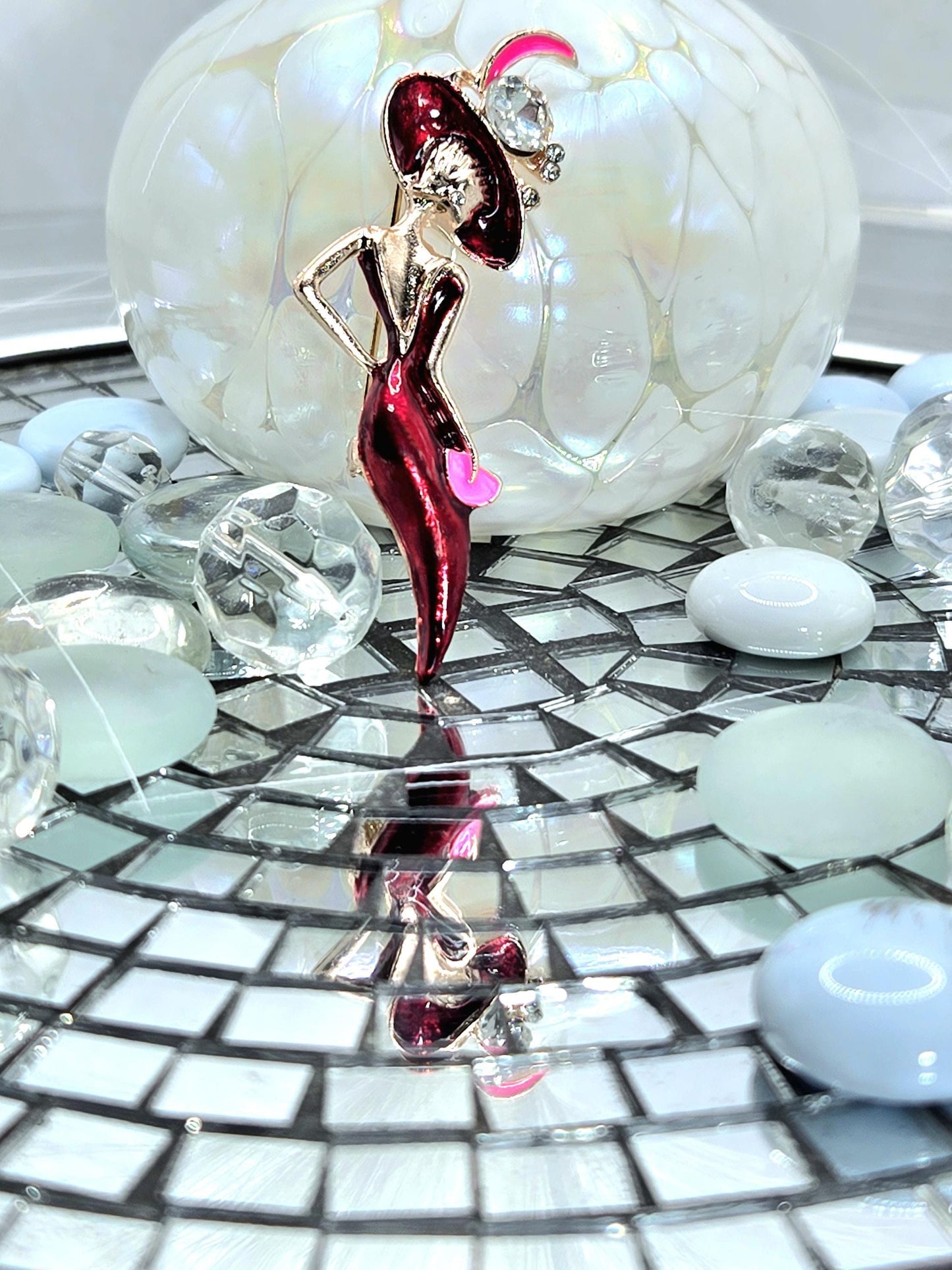 Rose Golden Plate Mysterious Lady In Red  Brooch