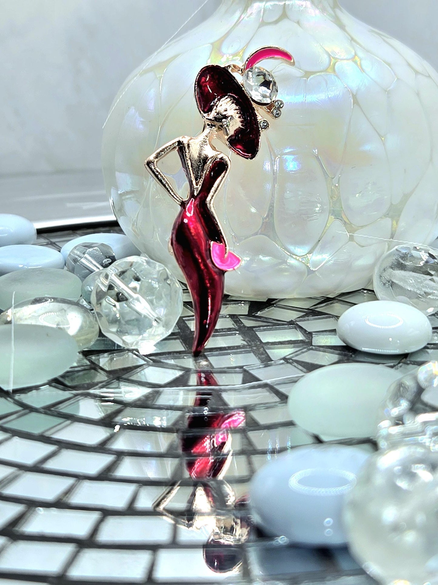Rose Golden Plate Mysterious Lady In Red  Brooch