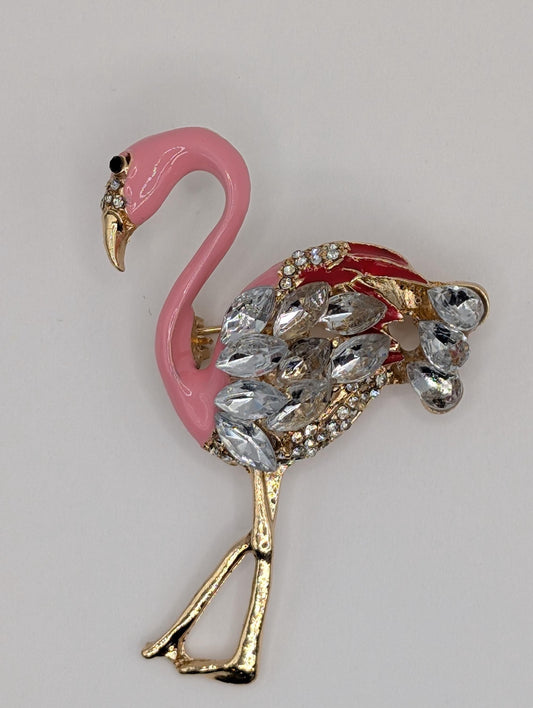 Pink and Crystal Enamel & Rhinestone Flamingo  Brooch