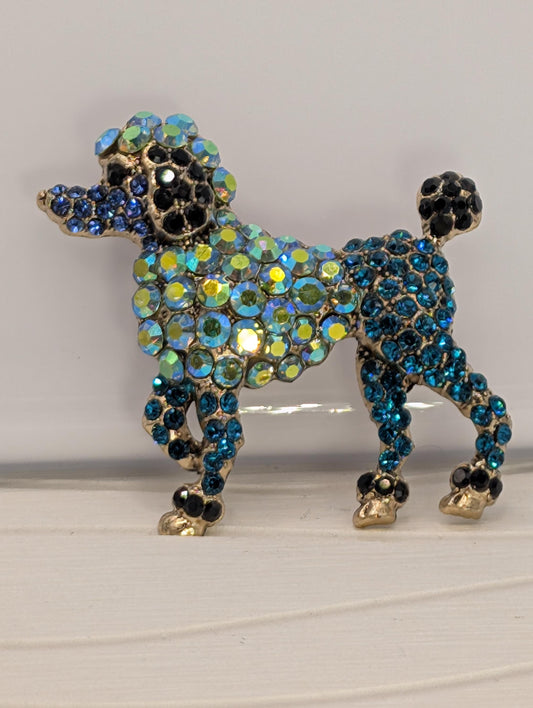 Gold Plated Blue and Green Rhinestone Poodle Dog Brooch