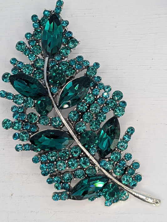 Emerald Green Rhinestone Feather  Brooch