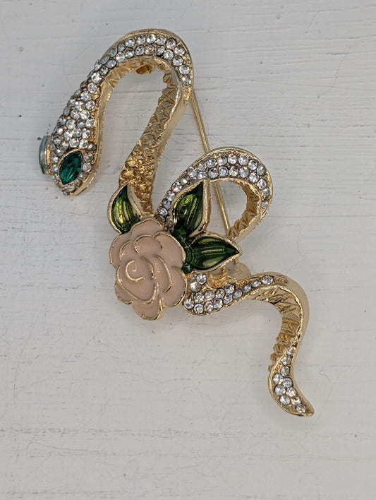Golden Plate Snake Rose   DIY Bag Charm Pin or Pendant Accessory Brooch