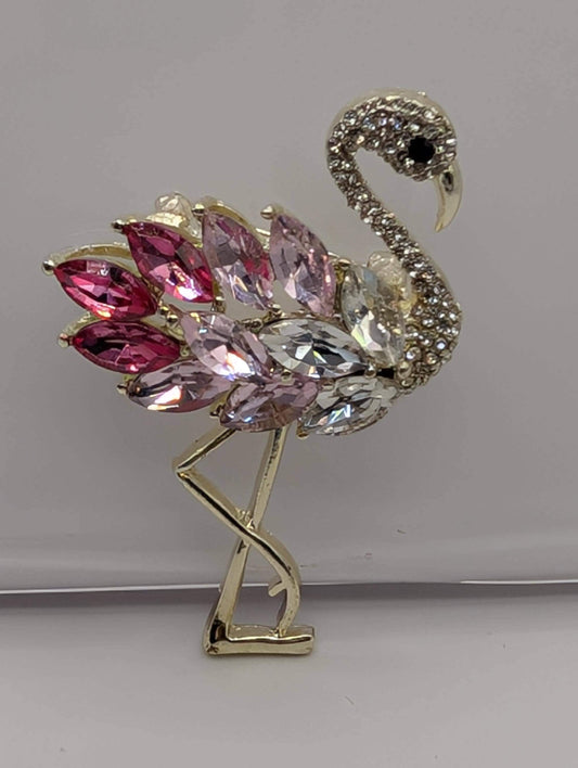 Pink and Crystal Rhinestone Flamingo  Brooch