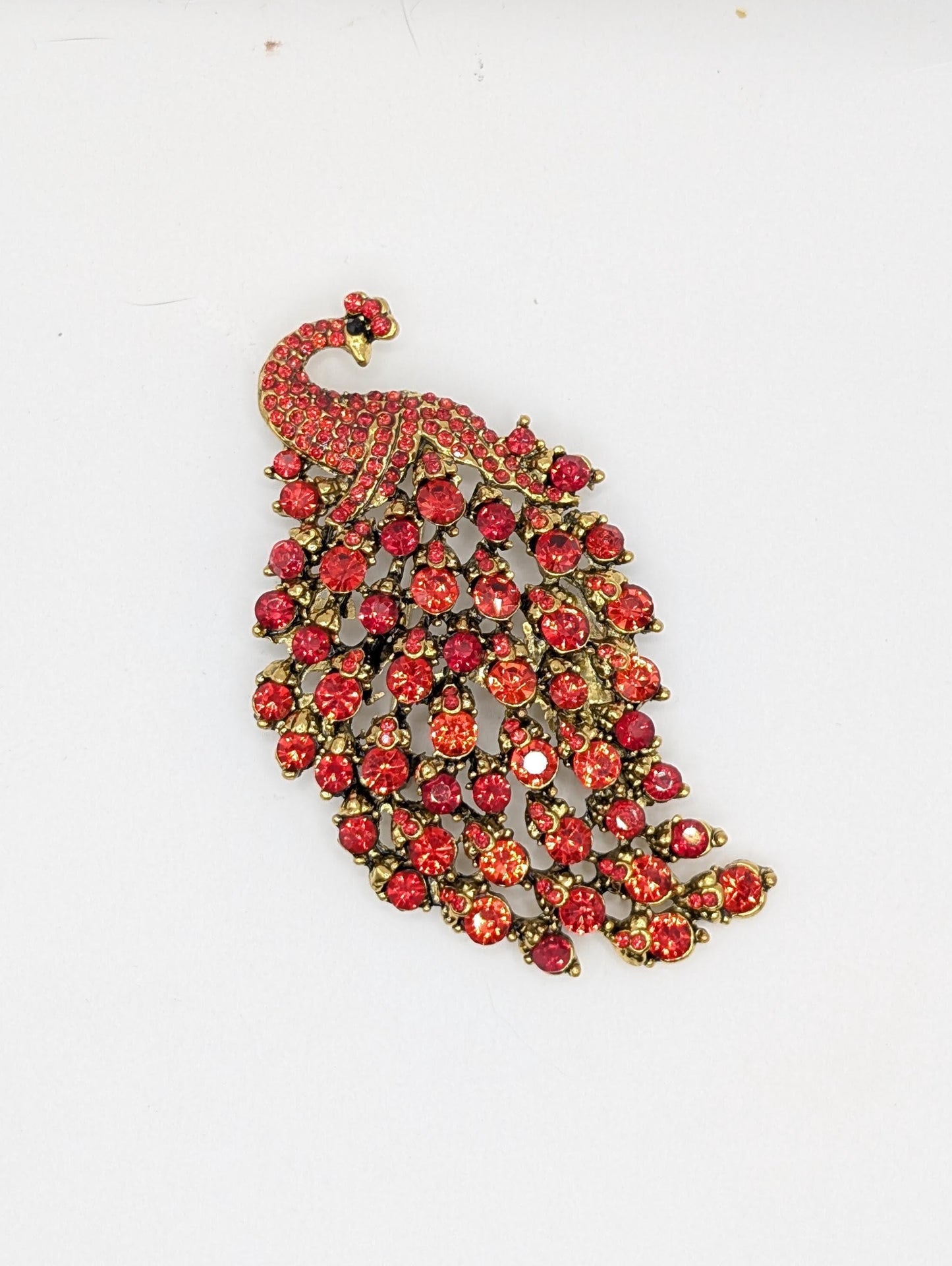 Golden Plate Red Rhinestone Peacock  Brooch