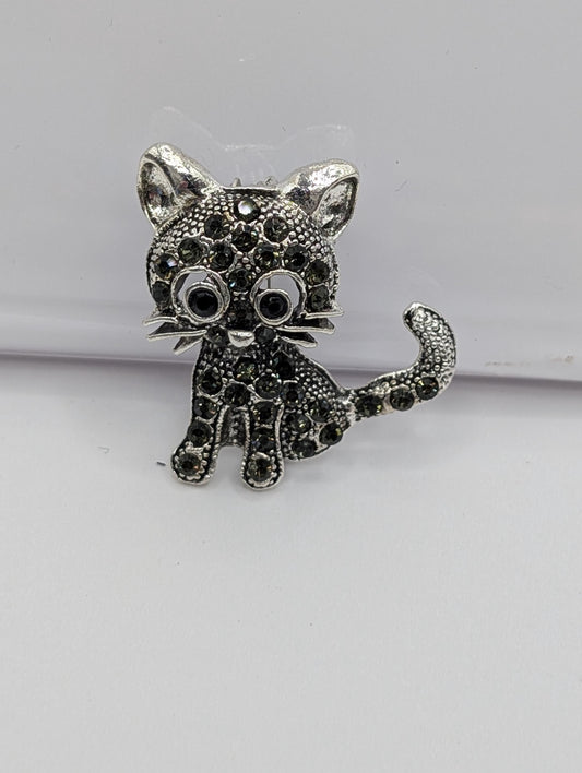 Silver Plated Cat : Black Rhinestone Kitty Jewelry Brooch