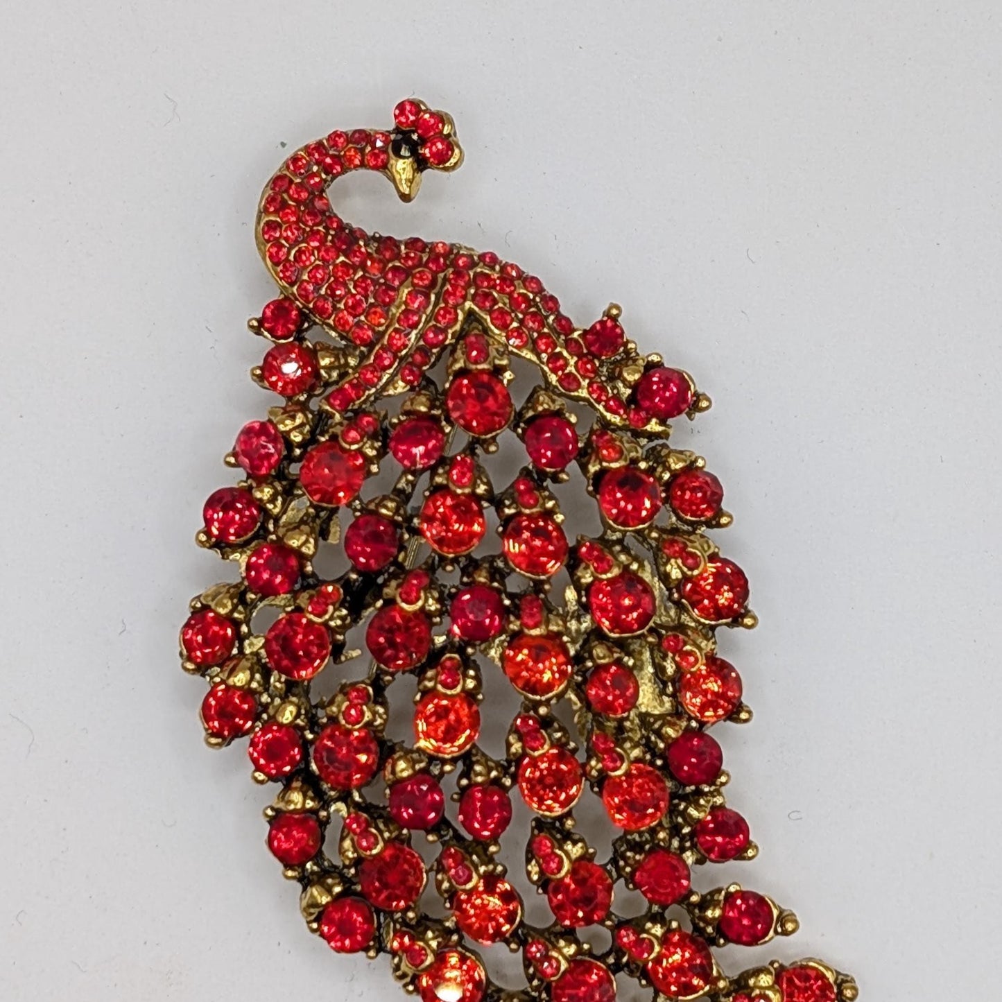 Golden Plate Red Rhinestone Peacock  Brooch
