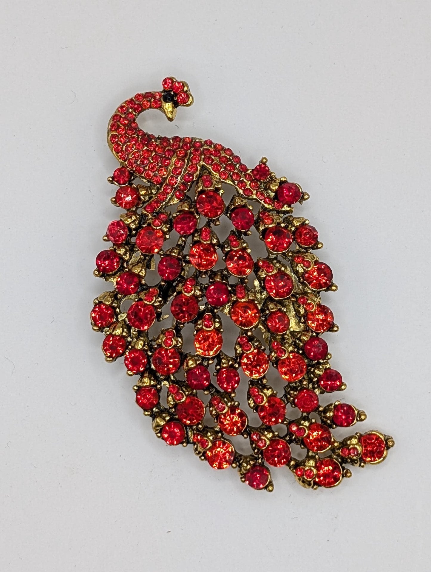 Golden Plate Red Rhinestone Peacock  Brooch