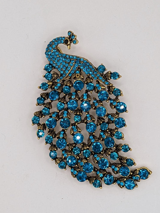 Golden Plate Teal Rhinestone Peacock  Brooch