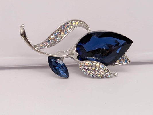 Silver Plated Sapphire Blue Tulip  Brooch