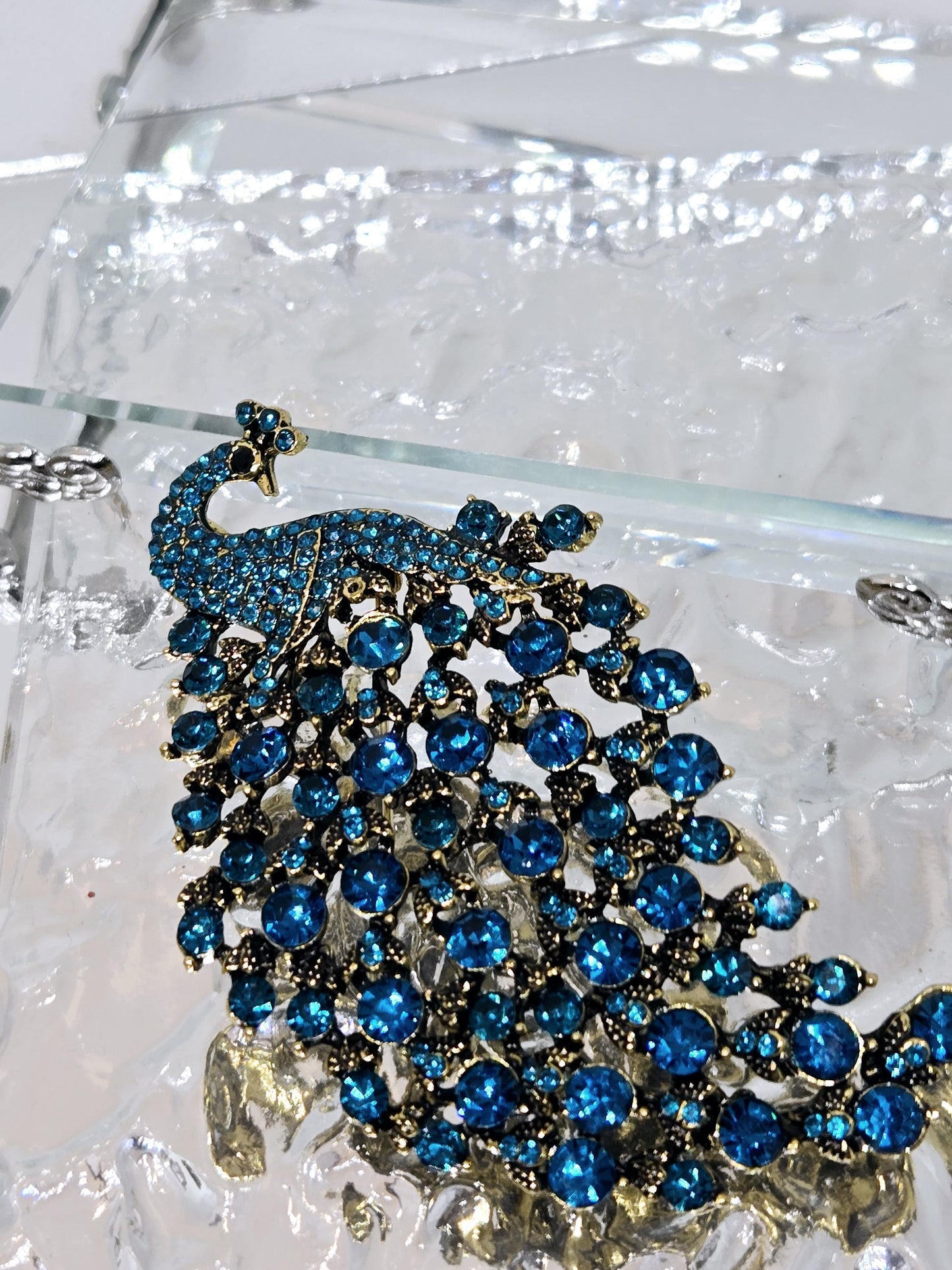 Golden Plate Teal Rhinestone Peacock  Brooch