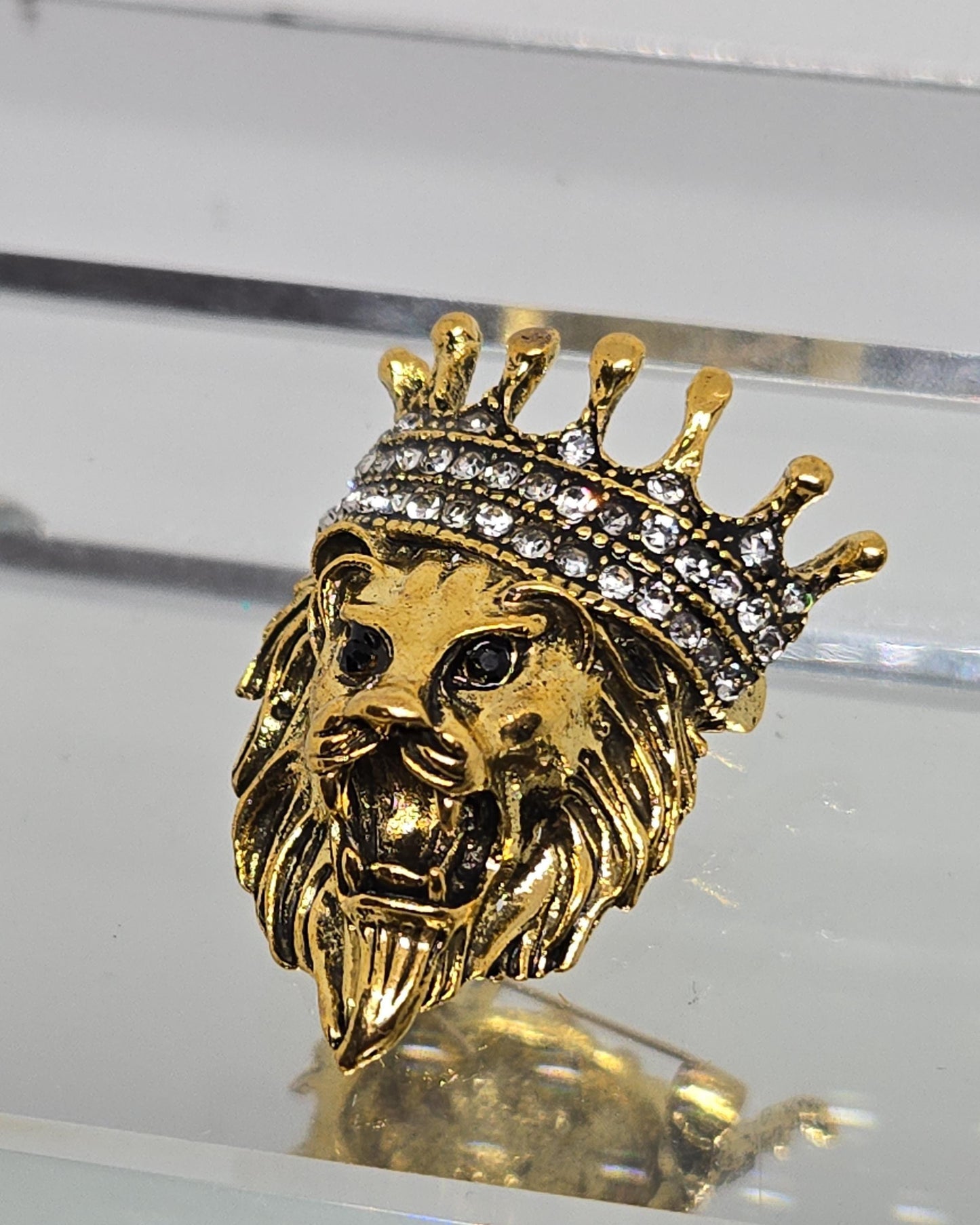 Golden Plate Lion with a Crown  CZ Brooch