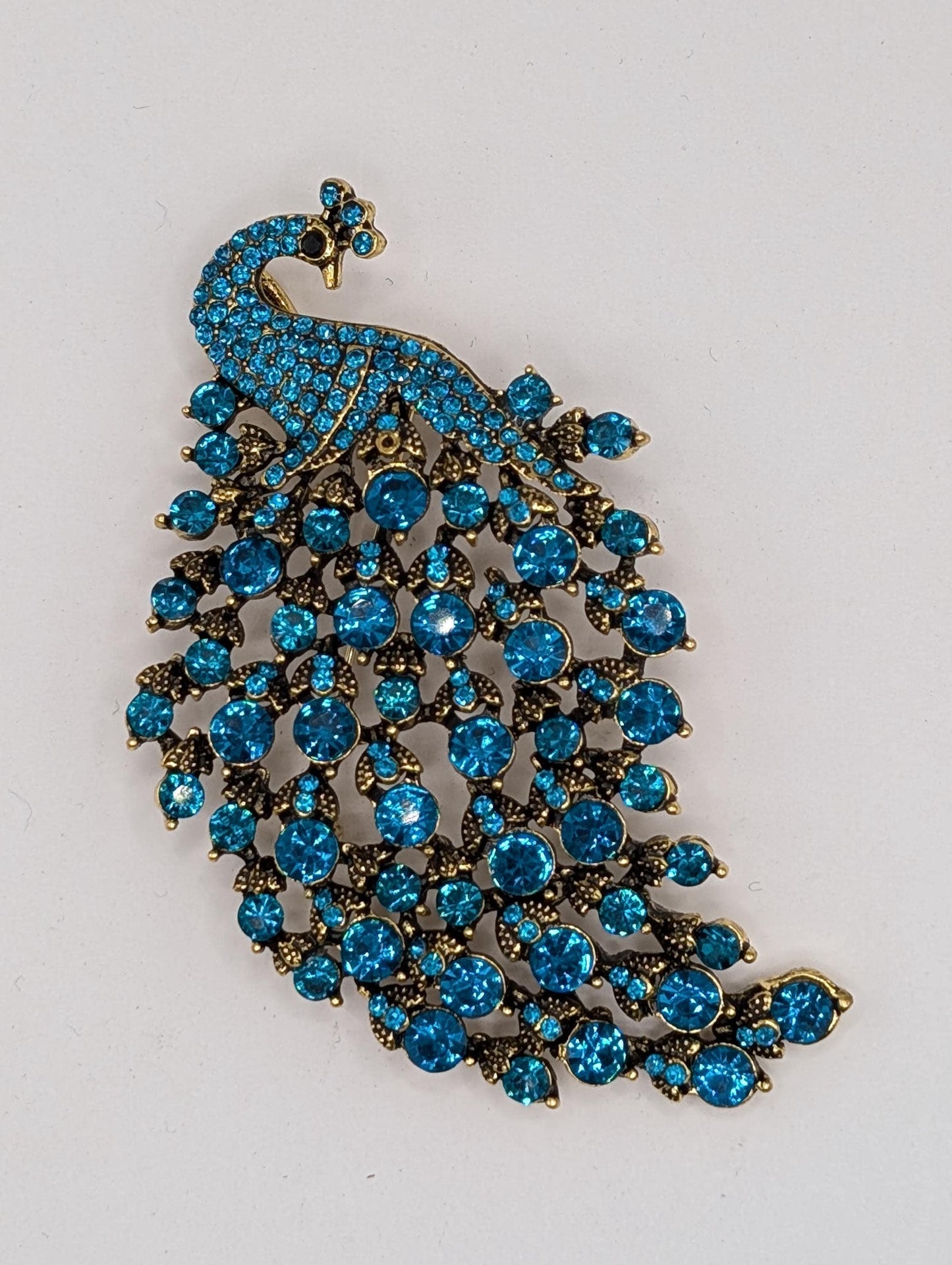 Golden Plate Teal Rhinestone Peacock  Brooch