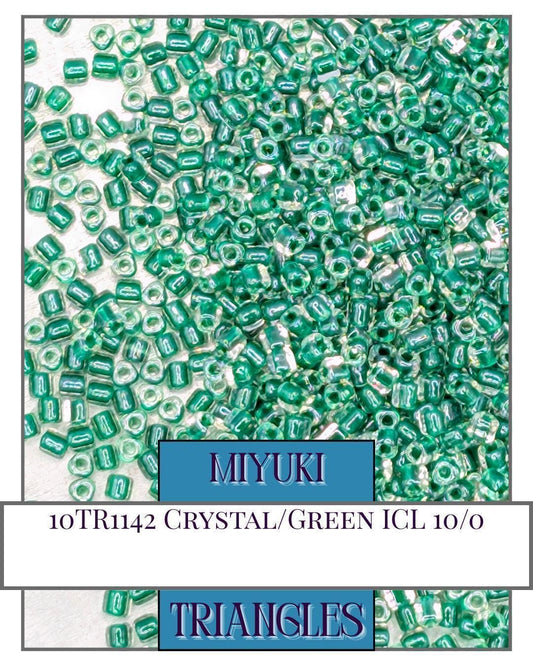 10TR1142-Miyuki Triangle Beads:Crystal/Green ICL (10g pkg)