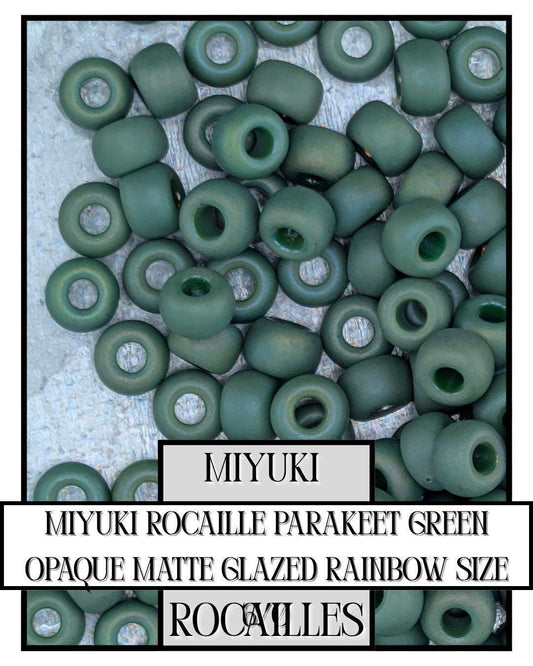 Miyuki Rocaille Beads: Parakeet Green Opaque Matte Rainbow Glaze, Size 6/0